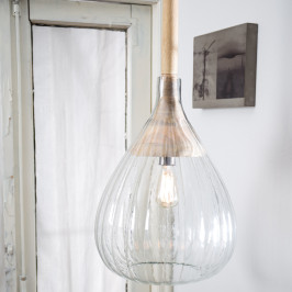 Hanglamp ribbelglas en hout