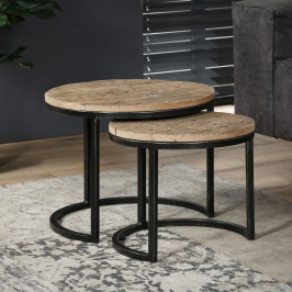 Ronde ruwhouten bijzettafelset